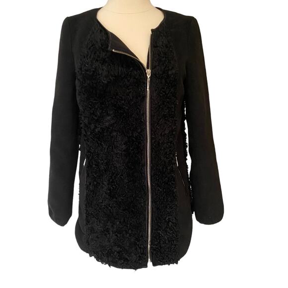 Cache Black Faux Fur Full Zip Jacket Size XS Lined Pockets Fall Warm - Picture 1 of 9